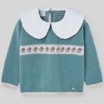 CONJUNTO SUETER VERDE PINO CON PANTALON PANA  BEIGE “POMPON" NIÑA DE 3-12 AÑOS