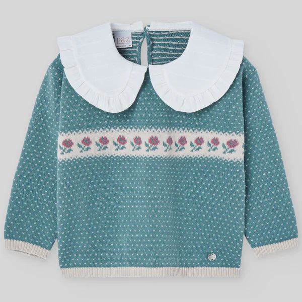 CONJUNTO SUETER VERDE PINO CON PANTALON PANA  BEIGE “POMPON" NIÑA DE 3-12 AÑOS