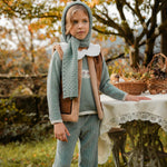 CONJUNTO SUETER VERDE PINO CON PANTALON PANA  BEIGE “POMPON" NIÑA DE 3-12 AÑOS