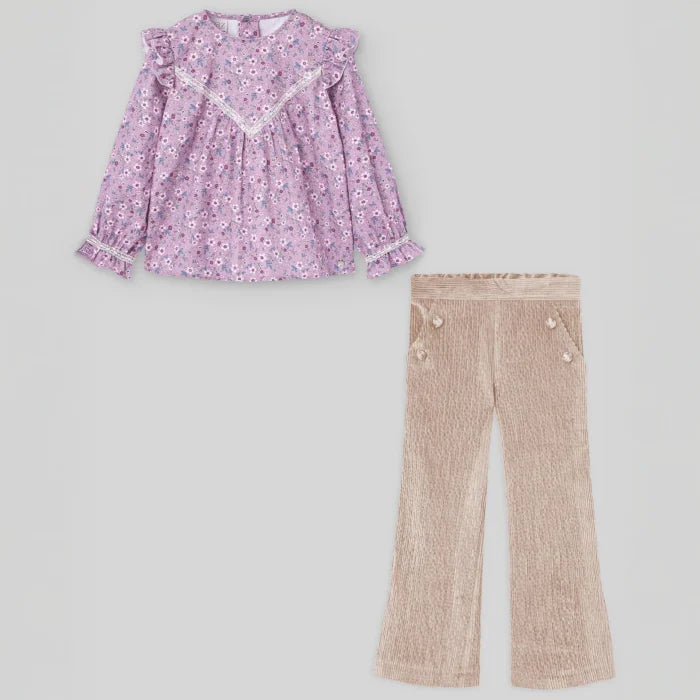 CONJUNTO BLUSA CON ENCAJE FLORES "VIOLETA" CON PANTALON PANA CRUDO