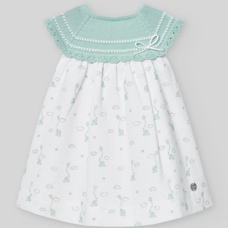 VESTIDO PUNTO TELA ELEFANTES VERDE AGUA "EIDO" NIÑA BEBE DE 3M-9M