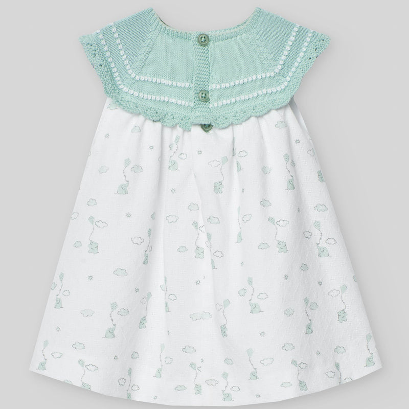 VESTIDO PUNTO TELA ELEFANTES VERDE AGUA "EIDO" NIÑA BEBE DE 3M-9M