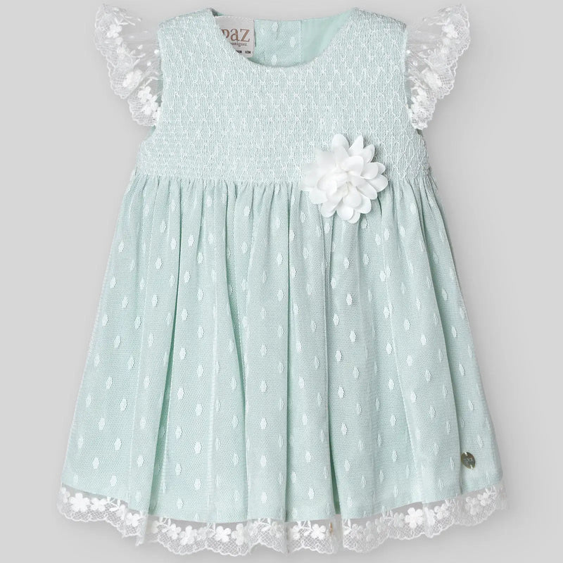 VESTIDO TULL CON NIDO DE ABEJA Y PUNTILLA CEREMONIA VERDE AGUA