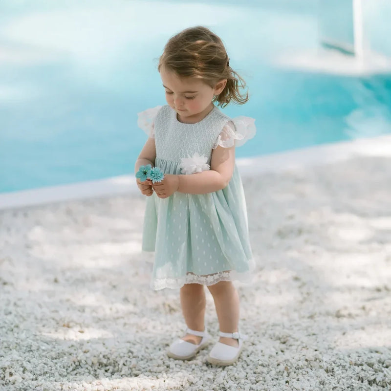 VESTIDO TULL CON NIDO DE ABEJA Y PUNTILLA CEREMONIA VERDE AGUA