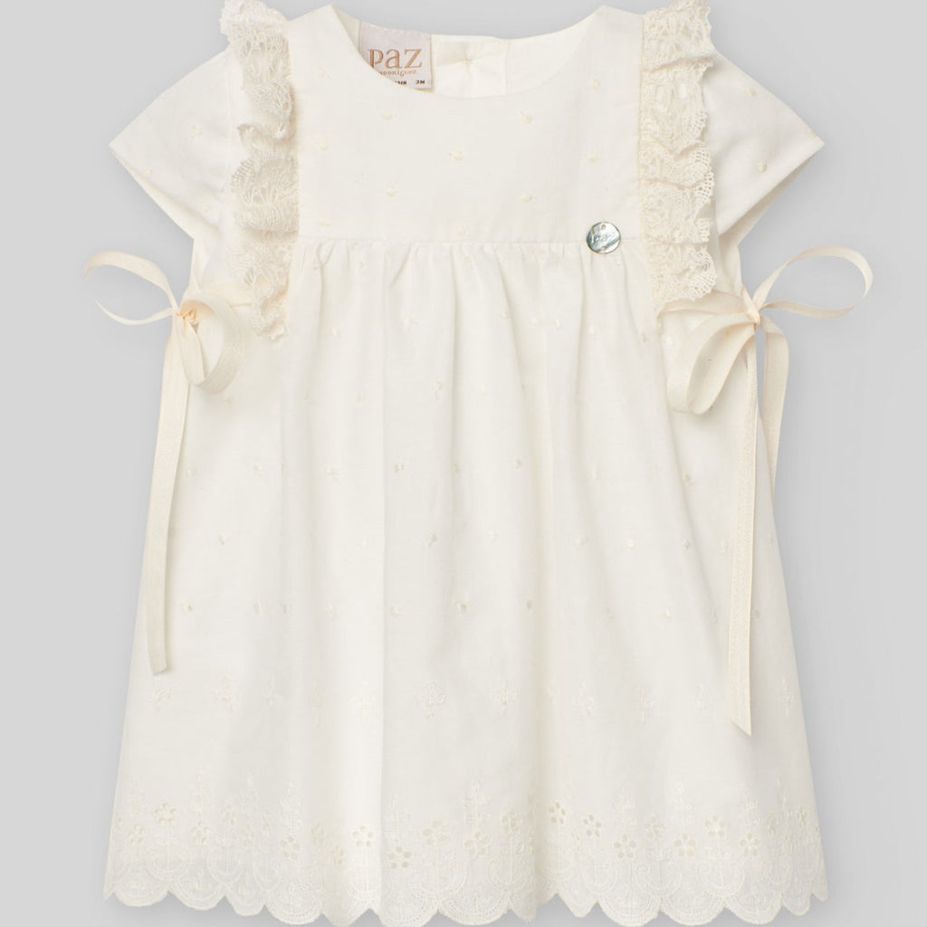 VESTIDO BORDADO LUNARES CRUDO CEREMONIA BEBE NIÑA DE 12M-24M