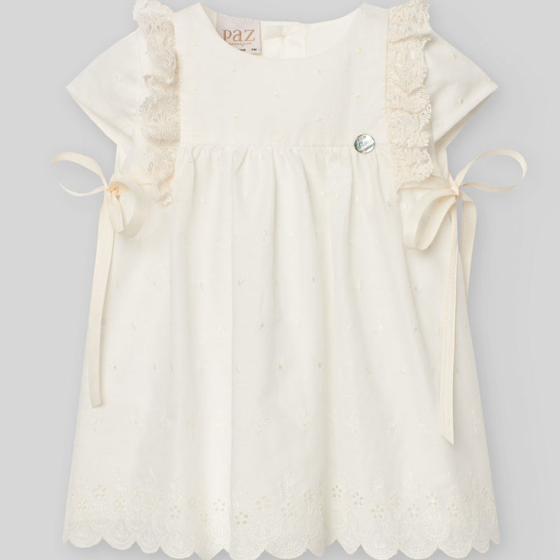 VESTIDO BORDADO LUNARES CRUDO CEREMONIA BEBE NIÑA DE 12M-24M