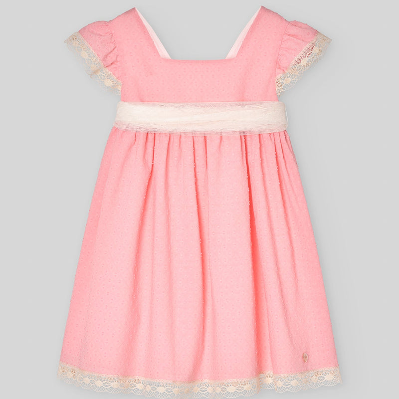 VESTIDO CORAL PLUMETI CON PUNTILLA "CEREMONIA"