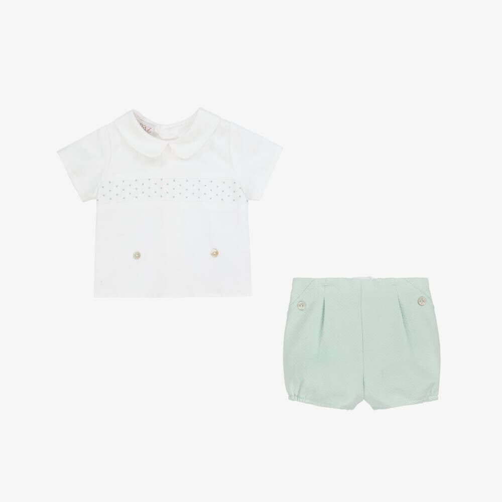 CONJUNTO BLUSA CON PANTALON CORTO VERDE AGUA "EIDO" NIÑO BEBE DE 6 M-24M