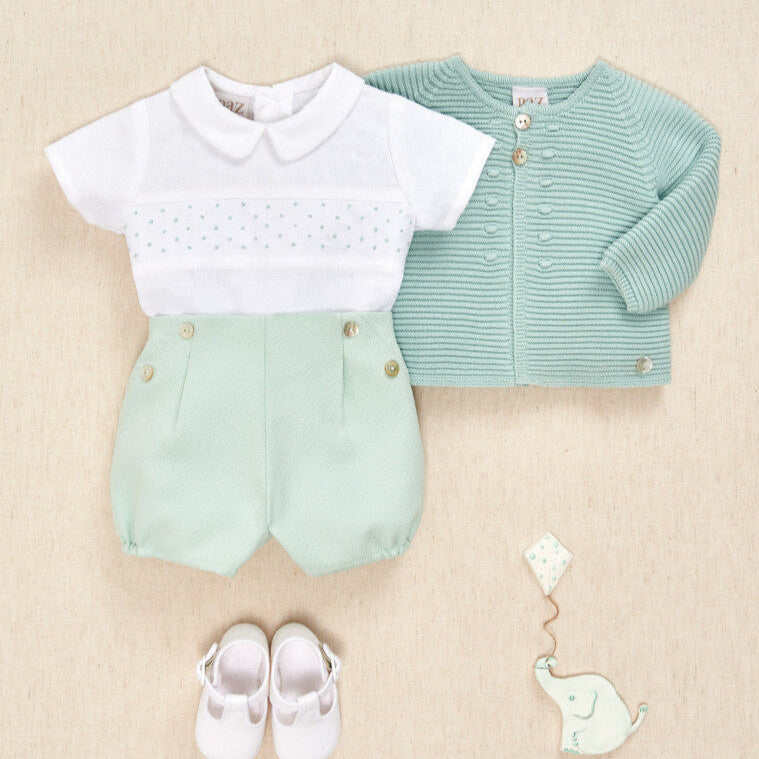 CONJUNTO BLUSA CON PANTALON CORTO VERDE AGUA "EIDO" NIÑO BEBE DE 6 M-24M
