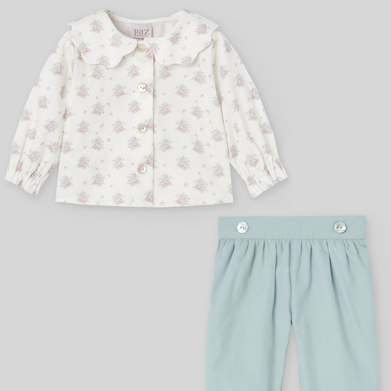 CONJUNTO BLUSA FLORES CON PANTALON PANA VERDE "SEMILLA"NIÑA DE 12M-24M