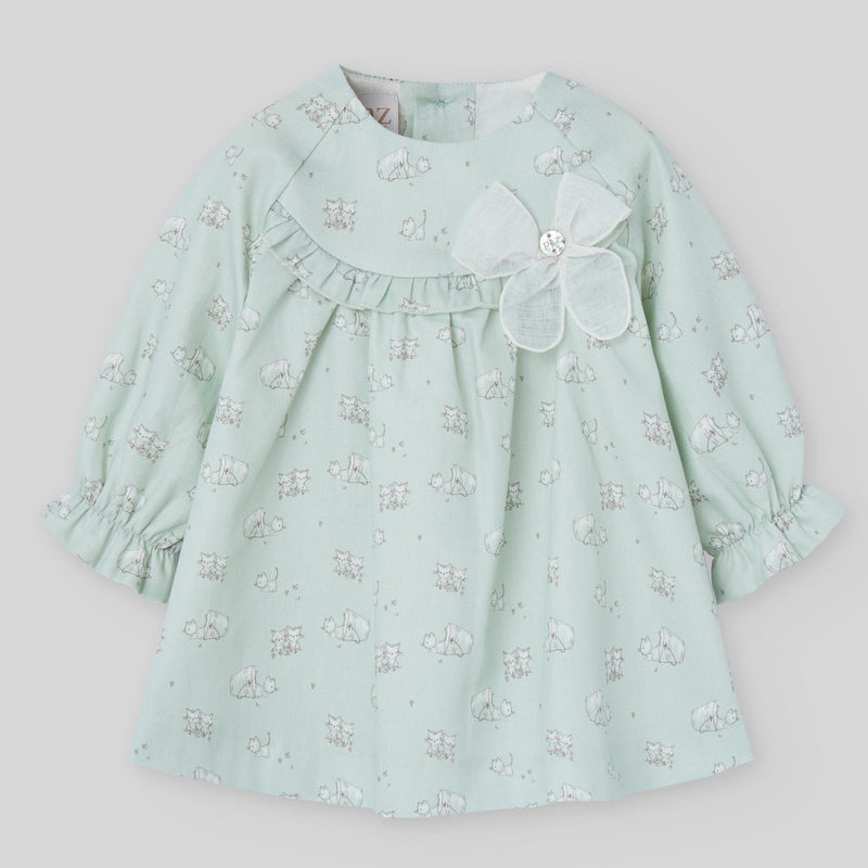 VESTIDO TELA GATOS VERDE AGUA "MININO" NIÑA BEBE