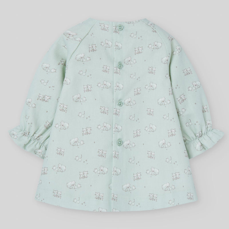 VESTIDO TELA GATOS VERDE AGUA "MININO" NIÑA BEBE