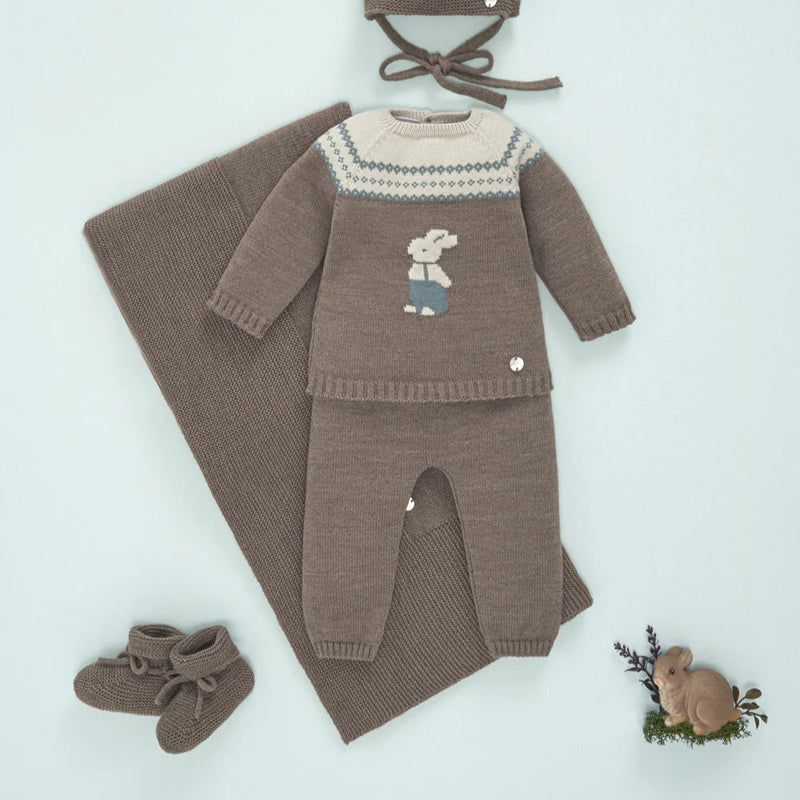 CONJUNTO CONEJO LANA MARRON "POMPON" UNISEX