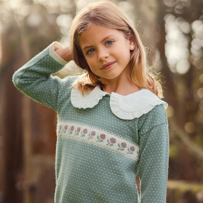 CONJUNTO SUETER VERDE PINO CON PANTALON PANA  BEIGE “POMPON" NIÑA DE 3-12 AÑOS