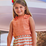 CONJUNTO FALDA RAYAS CON BLUSA  LINO NARANJA NIÑA DE 4-9 AÑOS