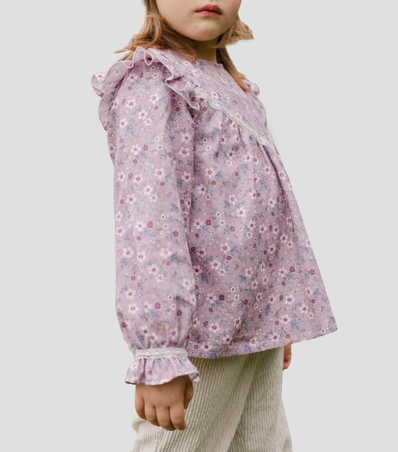 CONJUNTO BLUSA CON ENCAJE FLORES "VIOLETA" CON PANTALON PANA CRUDO
