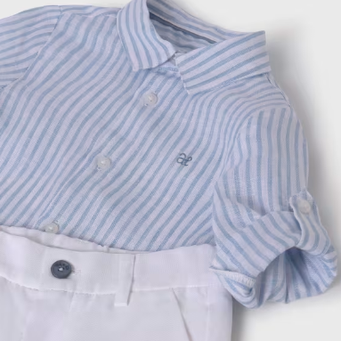 CONJUNTO CAMISA RAYA LINO CELESTE NIÑO BEBE DE 12M-3 AÑOS