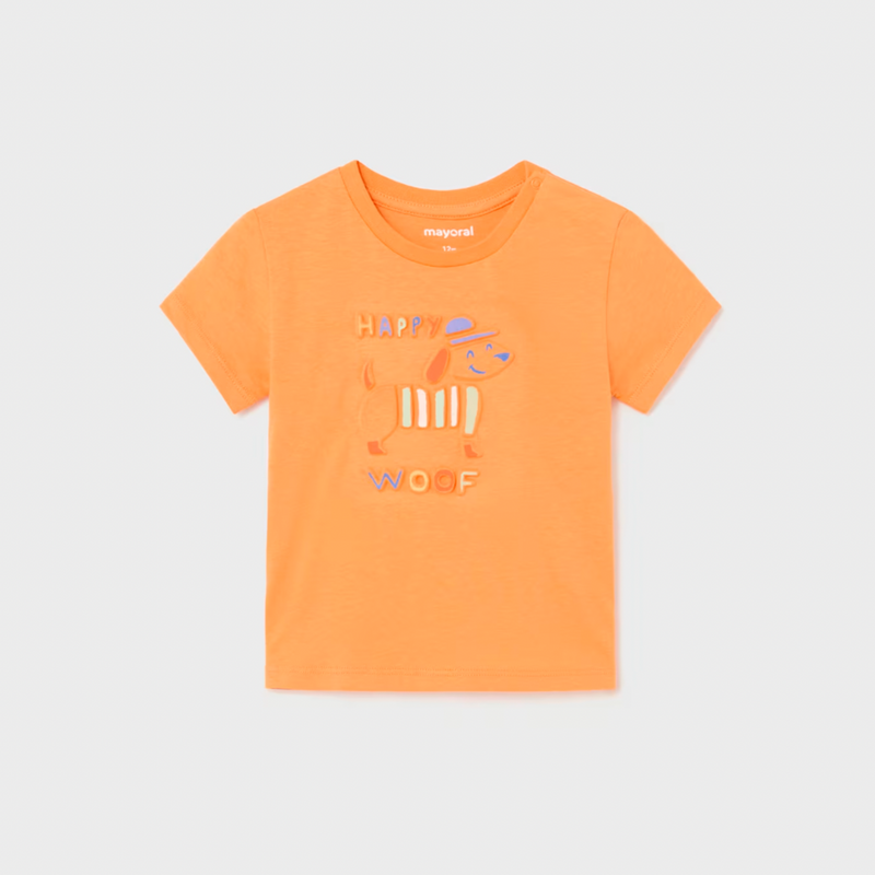 CONJUNTO PLAYERA PERRITO MANDARINA CON SHORT NIÑO BEBE DE 6M-3 AÑOS