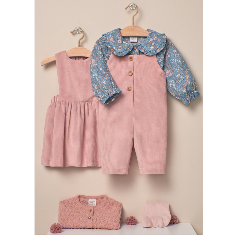 PETO PANA ROSA PALO CON BLUSA AZUL PLOMO FLORES DE 12M A 6 AÑOS BOHEMIA