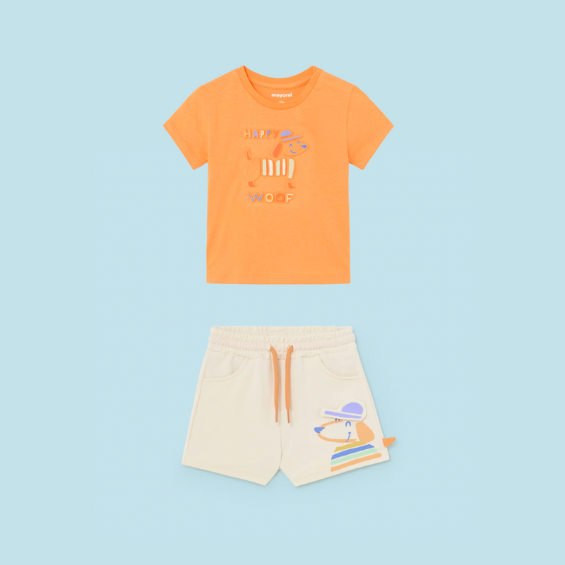 CONJUNTO PLAYERA PERRITO MANDARINA CON SHORT NIÑO BEBE DE 6M-3 AÑOS