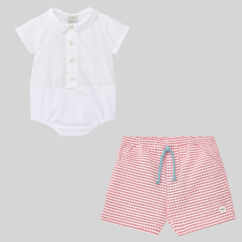 CONJUNTO BODY PESPUNTE CON BERMUDA CUADROS CIRCO BEBE NIÑO DE 6M-24M