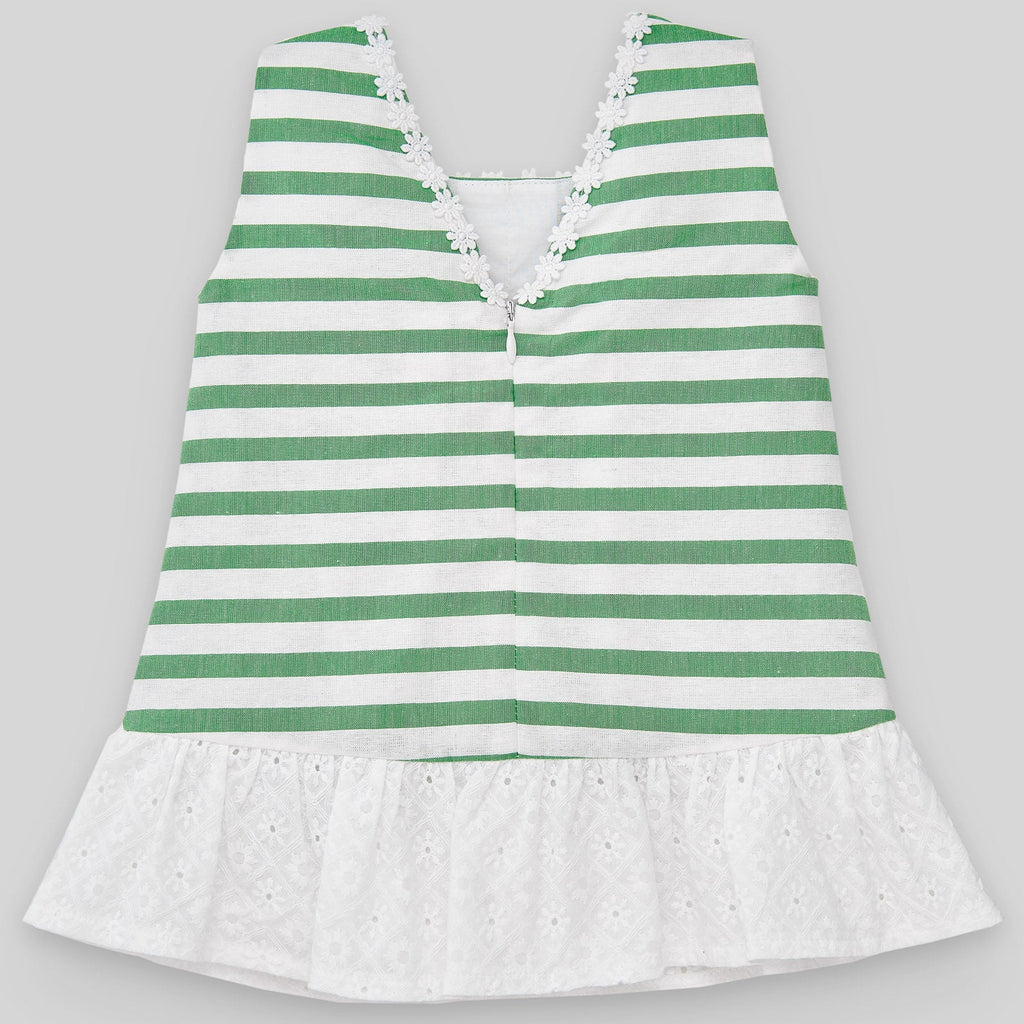 VESTIDO RAYAS VERDE MANZANA CON VOLANTE BORDADO TRAVESIA NIÑA BEBE