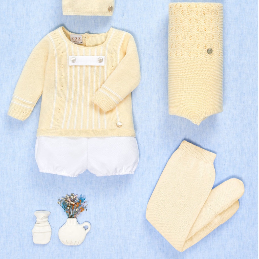 CONJUNTO PUNTO AMARILLO CON DETALLE LINO "BICO" BEBE NIÑO