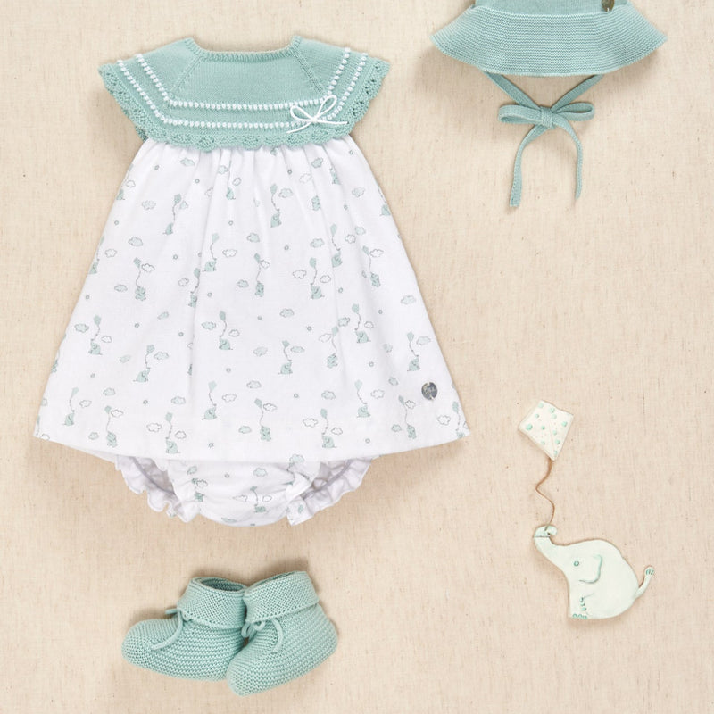 VESTIDO PUNTO TELA ELEFANTES VERDE AGUA "EIDO" NIÑA BEBE DE 3M-9M