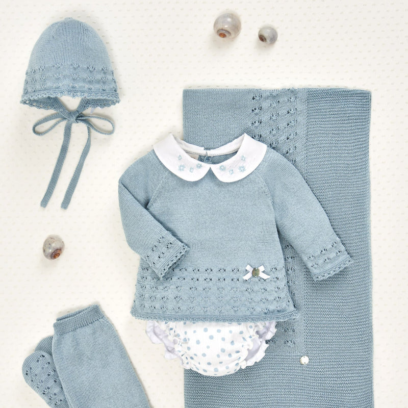 CONJUNTO SUETER CUELLO BORDADO A JGO BRAGA OPALO"SERAN" NIÑA BEBE DE 3M-12M
