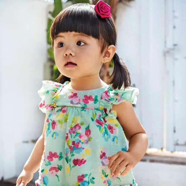 VESTIDO PLUMETI ESTAMPADO FLORES AGUA NIÑA DE 6M-3 AÑOS