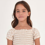 BLUSA  TIPO TOP CUADROS BEIGE CON SMOCK NIÑA DE 10-18 AÑOS