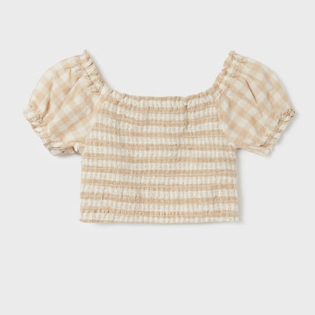 BLUSA  TIPO TOP CUADROS BEIGE CON SMOCK NIÑA DE 10-18 AÑOS