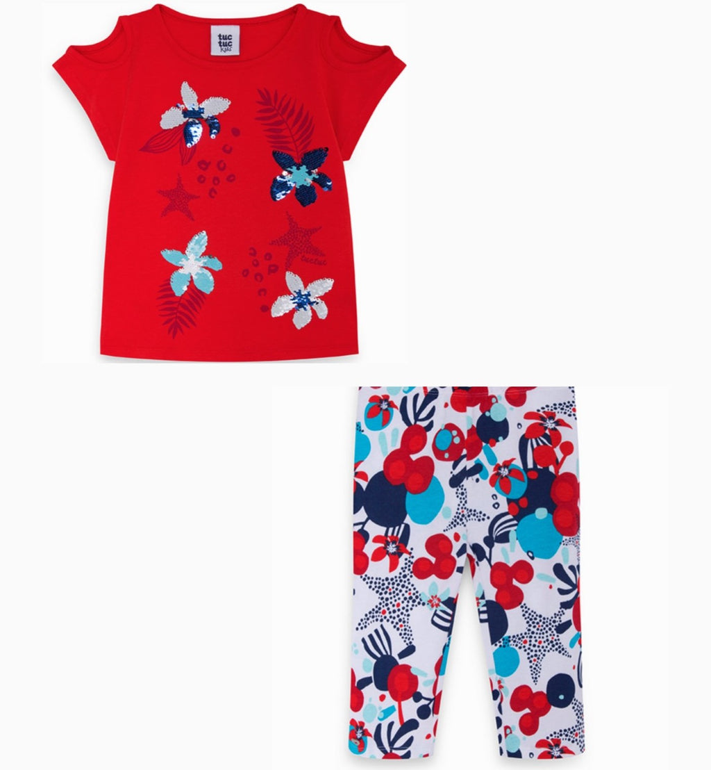 CONJUNTO CAMISETA CON LEGGINGS FLORES MARINO/ ROJO - Kokoletty Moda Infantil