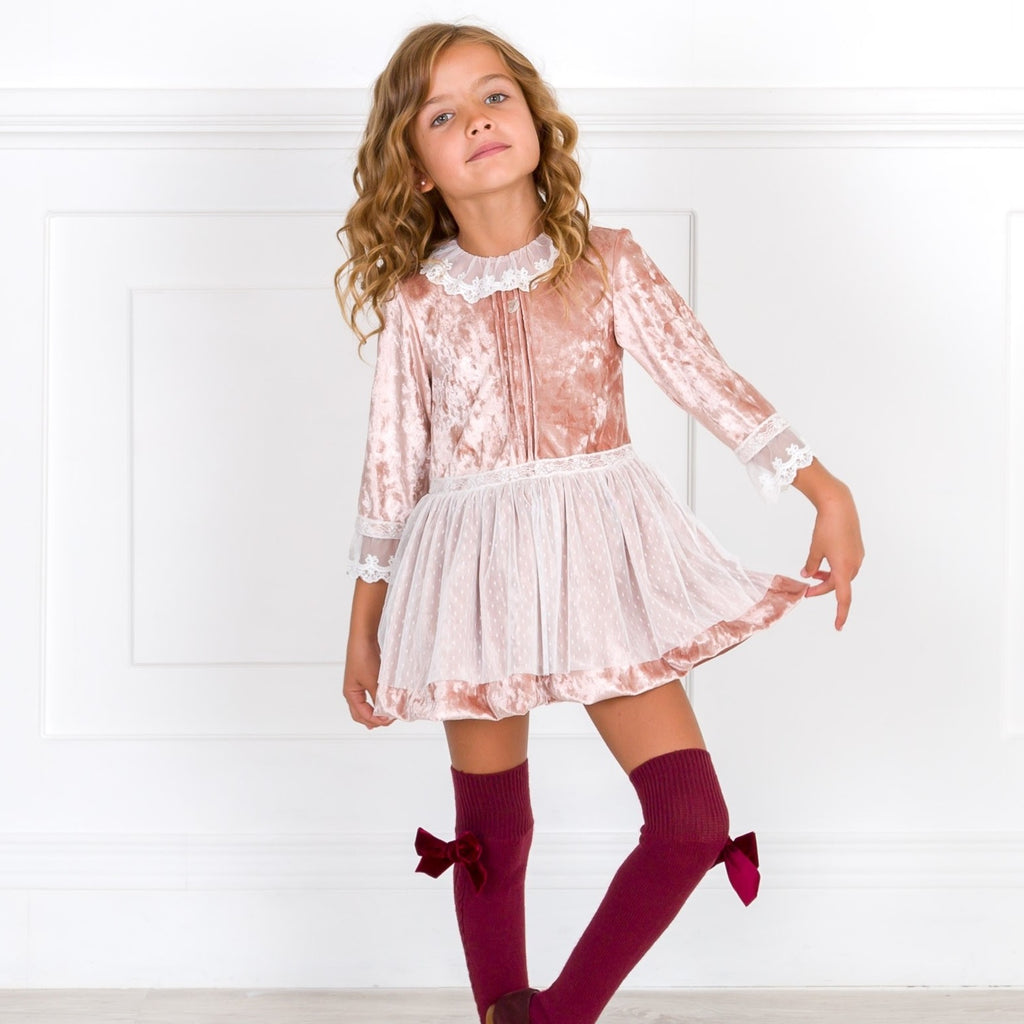 VESTIDO TERCIOPELO ROSA ENCAJE CRUDO - Kokoletty Moda Infantil