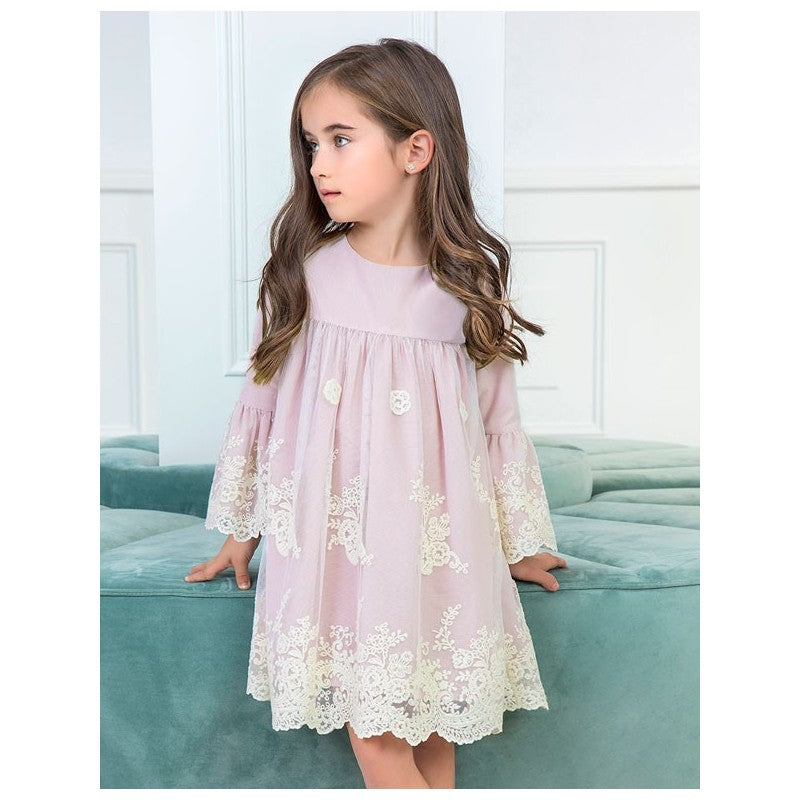 VESTIDO MANGA LARGA TUL BORDADO ROSA PALO - Kokoletty Moda Infantil