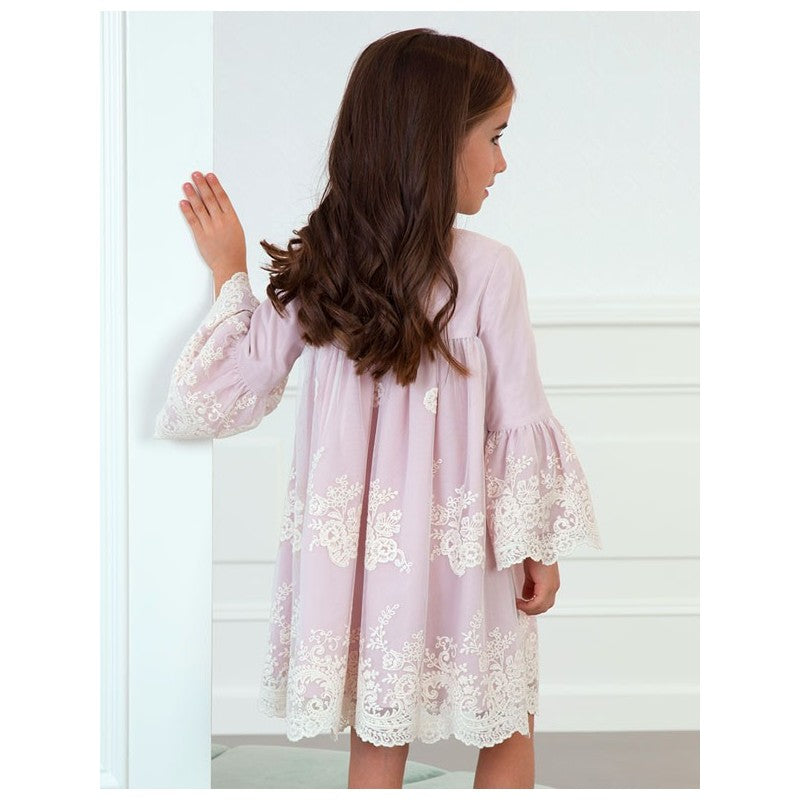 VESTIDO MANGA LARGA TUL BORDADO ROSA PALO - Kokoletty Moda Infantil