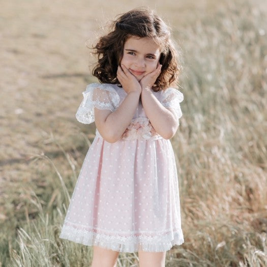 VESTIDO PLUMETI ROSA CON BANDA BLANCA - Kokoletty Moda Infantil